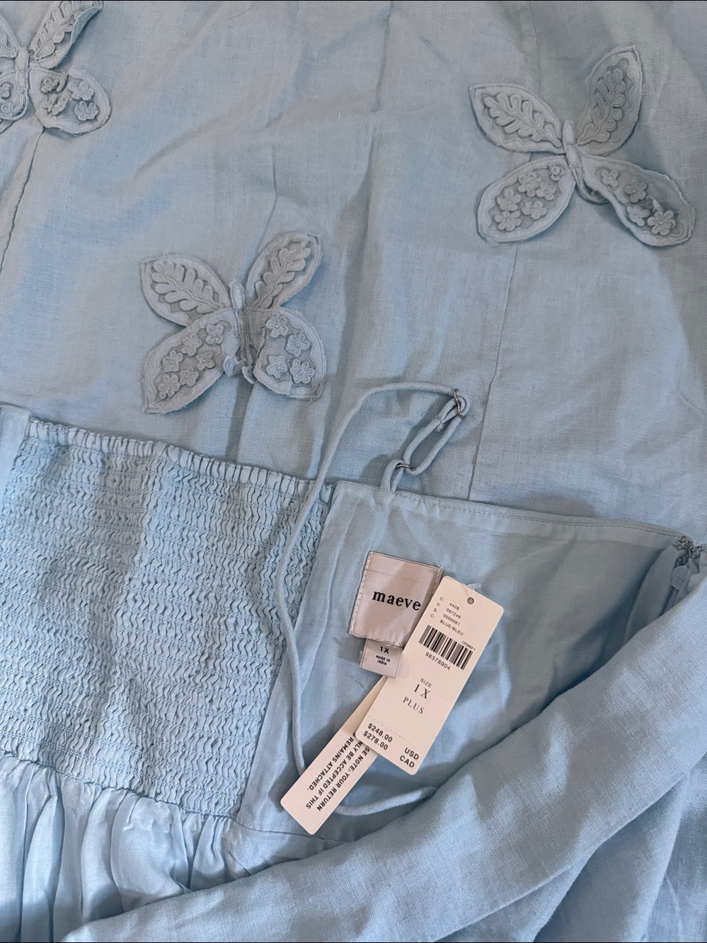 NWT Size 1X - Maeve Linen Blend 3D butterflies Appliqué Midi Dress (NWT US$ 248) - Picture 5 of 16
